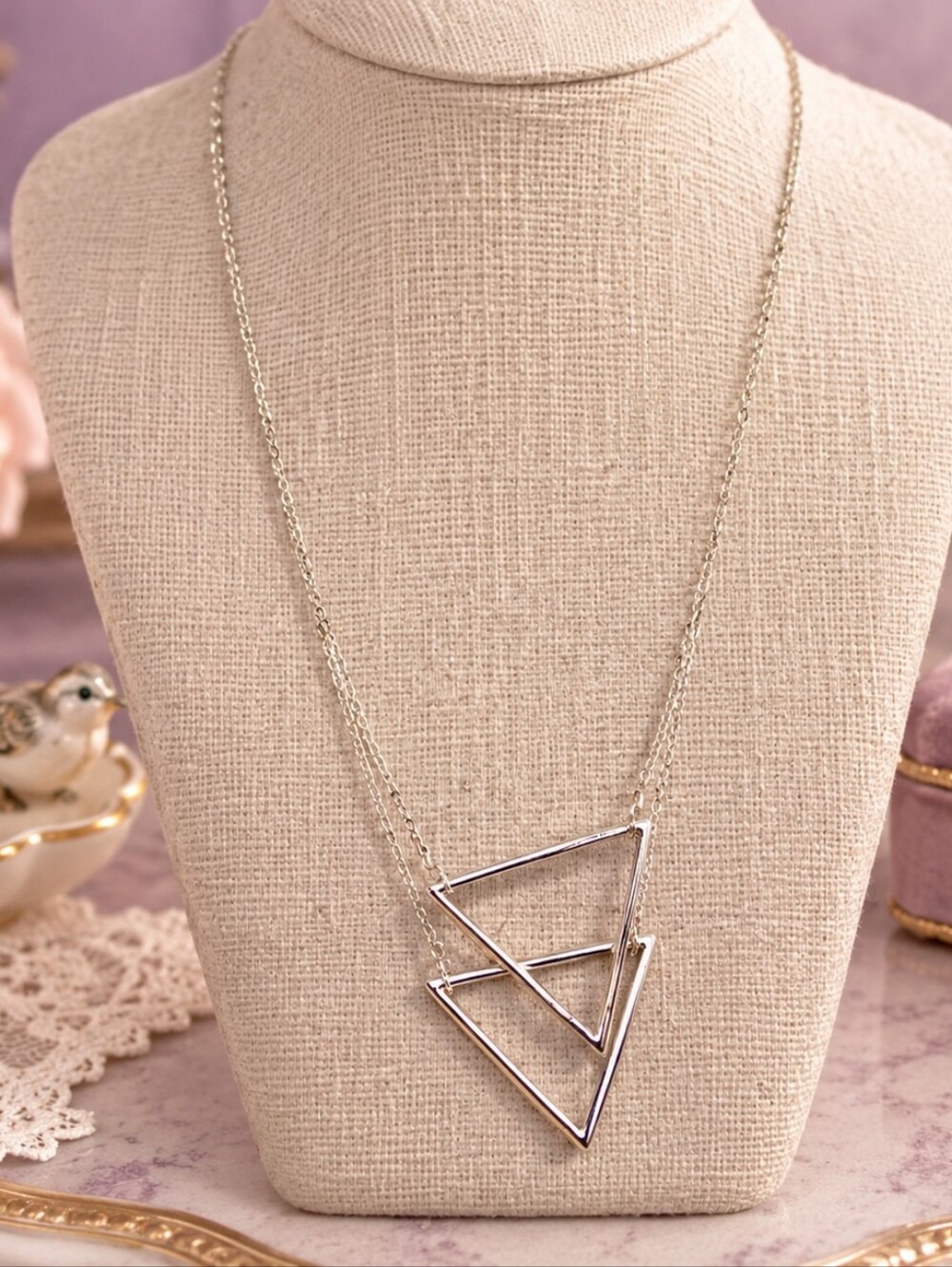 Silver-Tone Double Triangle Geometric Necklace – 30”